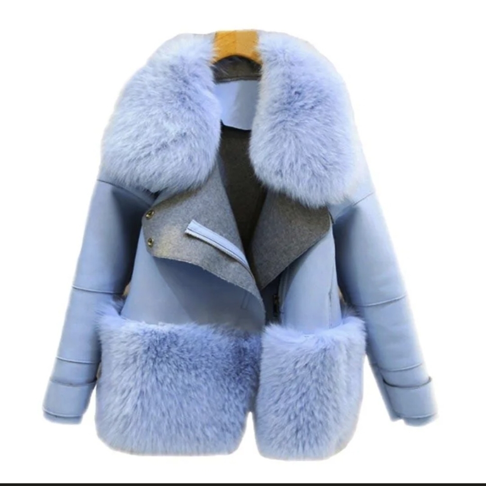 Women's Warm & Thicken Fur Faux Leather Fashionable Patchwork Jacket SZ Med Blue